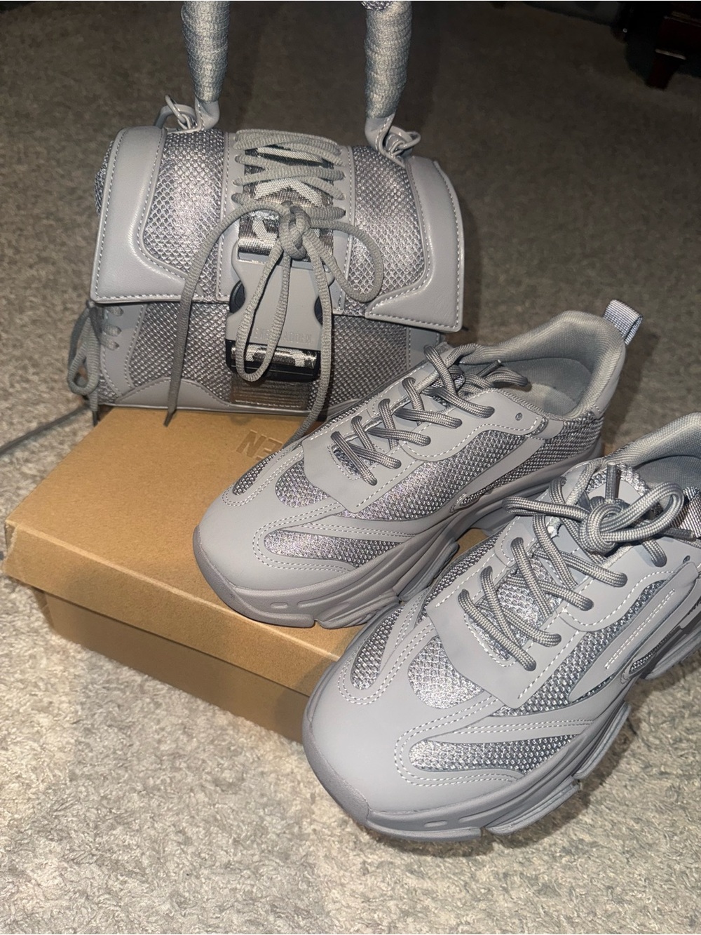 Steve Madden Gray Women's Lace-Up Top-Handle/crossbody Bag & matching sneakers.